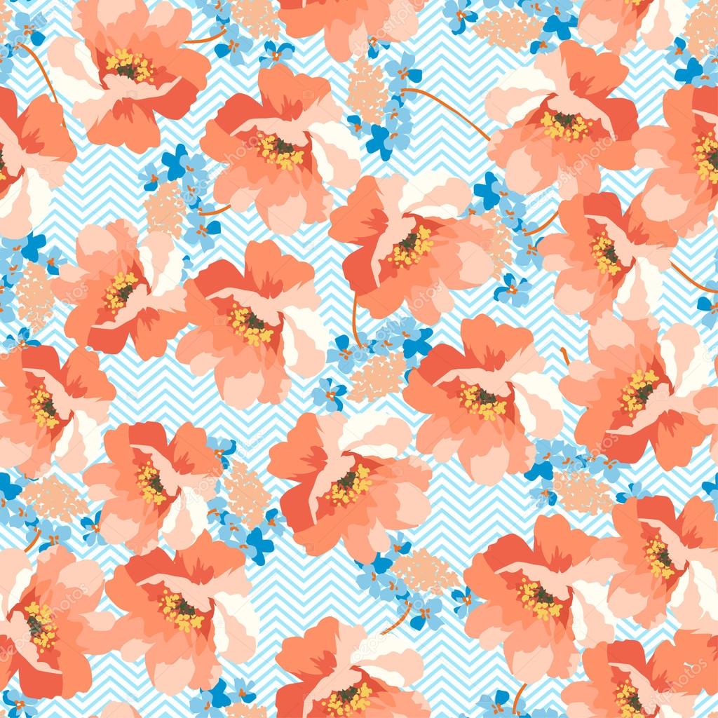 pattern with blue and coral flowers