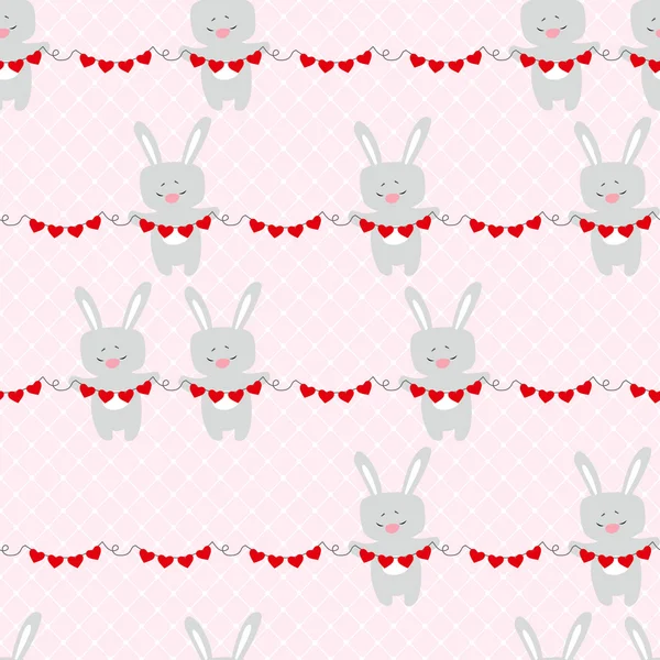 Padrão sem costura bonito Valentines com coelhos de desenhos animados com coração —  Vetores de Stock