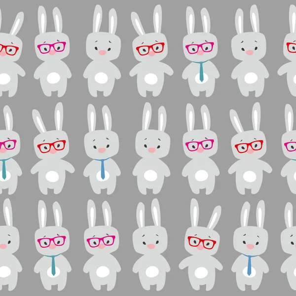 Roztomilý vzor bezešvé s kreslenými králíků, nosí brýle a kravatu. — Stockový vektor