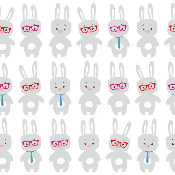 Roztomilý vzor bezešvé s kreslenými králíků, nosí brýle a kravatu. — Stockový vektor