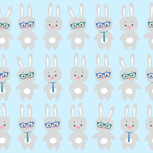 Симпатичный бесшовный рисунок с мультяшными кроликами в очках и галстуке . — стоковый вектор