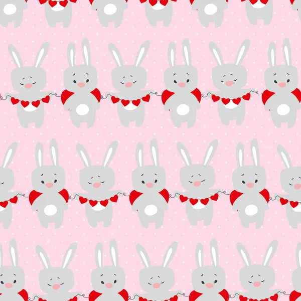 Lindo patrón sin costuras de San Valentín con conejos de dibujos animados con corazón — Vector de stock