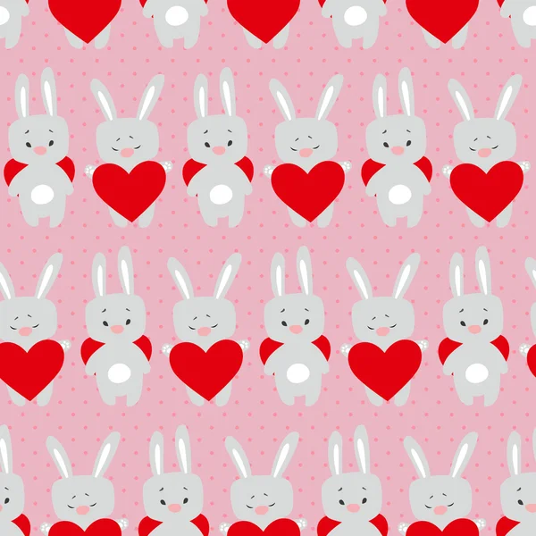 Lindo patrón sin costuras de San Valentín con conejos de dibujos animados con corazón — Vector de stock