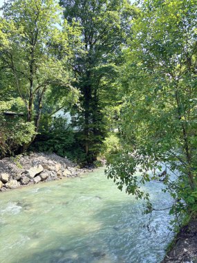 Güneşli bir günde, Parnach dağ nehrinin sularını taşıyan muhteşem manzarası dağ ormanlarının kıyı ağaçlarının arka planındaki taş bariyerleri aşıyor..