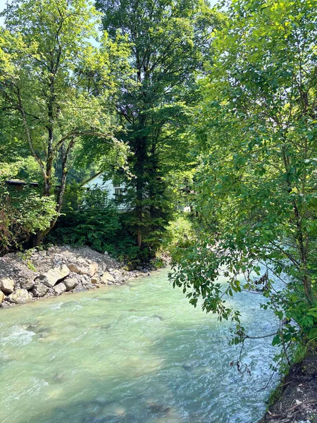 Güneşli bir günde, Parnach dağ nehrinin sularını taşıyan muhteşem manzarası dağ ormanlarının kıyı ağaçlarının arka planındaki taş bariyerleri aşıyor..