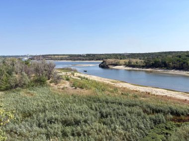 Dinyeper nehir yatağının şaşırtıcı manzarası. Etrafı yoğun sedir ve sazlıklarla çevrili. Güneşli bir yaz gökyüzünün arka planında Baida adasını yıkıyorlar..