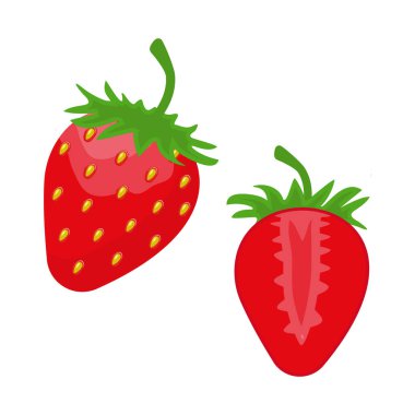 Beyaz arka planda izole edilmiş kırmızı tatlı çilek sulu meyve seti. Çilekler ikiye bölünmüş. Vektör illüstrasyonu