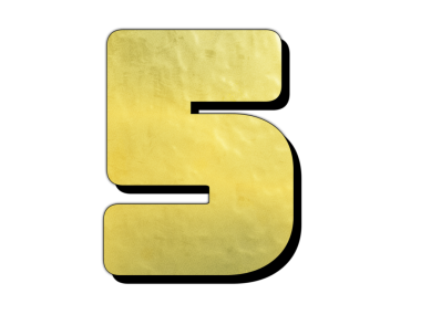 Siyah bir arkaplana karşı beş numaralı altın renginde çarpıcı bir görüntü. Bu rakam yuvarlak kenarlı, modern ve minimalist bir estetik yaratıyor..