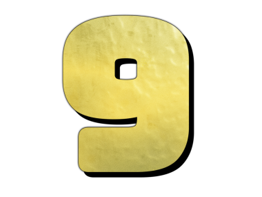 Koyu siyah bir arkaplana karşı dokuz numaralı altın renginde çarpıcı bir görüntü. Sayı yuvarlak kenarlı, yumuşak, modern bir görünüm veriyor, siyah üzerine izole edilmiş..