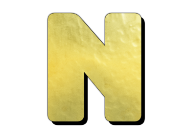 Yuvarlak kenarlı bir altın harf olan n, saf siyah bir arkaplan ile ortalanır. Tasarım basit ve modern, cesur bir grafik unsuru yaratıyor. İzole edilmiş..