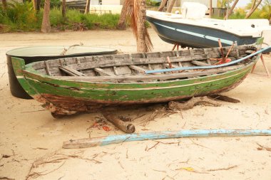Yıpranmış yeşil ahşap bir tekne, palmiye ağaçları ve diğer teknelerle çevrili kumlu bir sahilde oturur. Terk edilmiş ve ihmal edilmiş gibi görünen sakin bir tropikal manzara sergiler..
