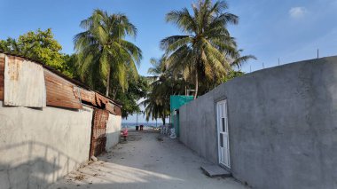 Kırsal bir kumlu yol, basit ada binaları ve yüksek palmiye ağaçları tarafından çevrelenmiş, parlak güneş ışığıyla yıkanmış sakin ve berrak okyanusa götürür..