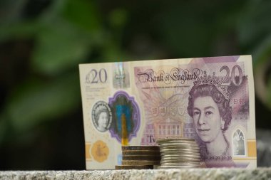İngiliz 20 pound 'luk banknot ve bozuk para yığınları ince bulanık, uzak bir doğal arka plana karşı beton bir yüzeye dikkatlice dizilir ve sakin bir finansal tablo oluşturulur..