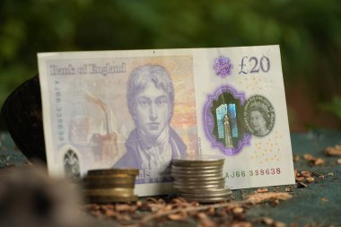 Üzerinde Adam Smith 'in bulunduğu daha eski bir İngiliz 20 poundluk banknot doğal molozlarla dağılmış desenli bir yüzeyde duruyor, yumuşak yeşil bir zemin üzerine kurulmuş, tarih ve finansmanı harmanlayan.