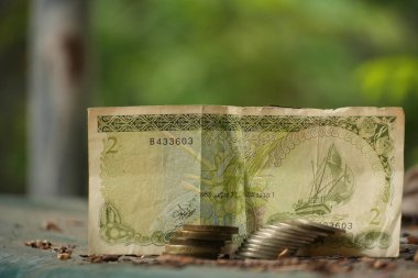 Bu resim eski iki birimlik banknotun tersini gösteriyor. Bozuk paralarla, tarihsel finans ve unutulmuş değer temaları çağrıştırıyor..