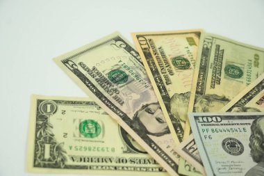 Amerikan para biriminin çeşitli değerleri, bir dolardan yüz dolara kadar, katıksız beyaz bir yüzeye dizilmiştir..