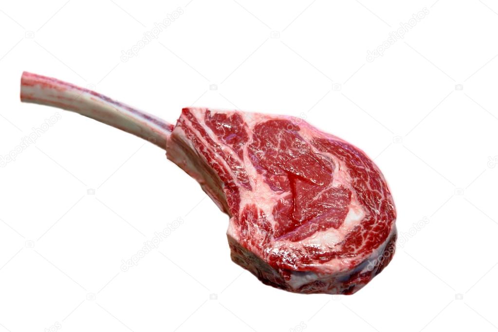 Steak the Tomahawk rests on a white background. Insulated