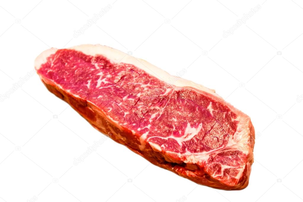 Beef Strip Loin in one piece is on a white background. Insulated