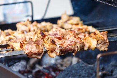 Şiş kebap şişleri (sığır eti, domuz eti, tavuk) üzerinde th kavrulmuş