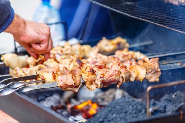 Şiş kebap şişleri (sığır eti, domuz eti, tavuk) üzerinde th kavrulmuş