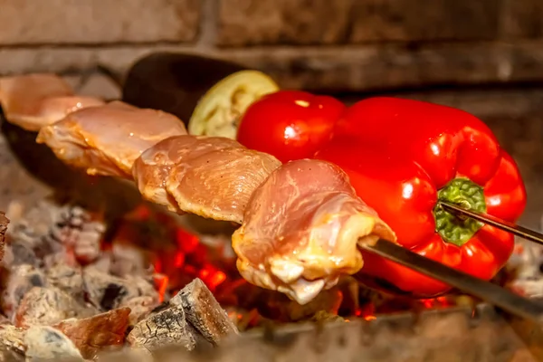 Pimentos Doces Tomates Berinjela Carne São Assados Sobre Carvão — Fotografia de Stock