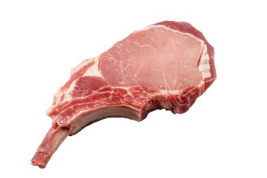 Beyaz arka planda Tomahawk çiğ bifteği. İzole edilmiş.