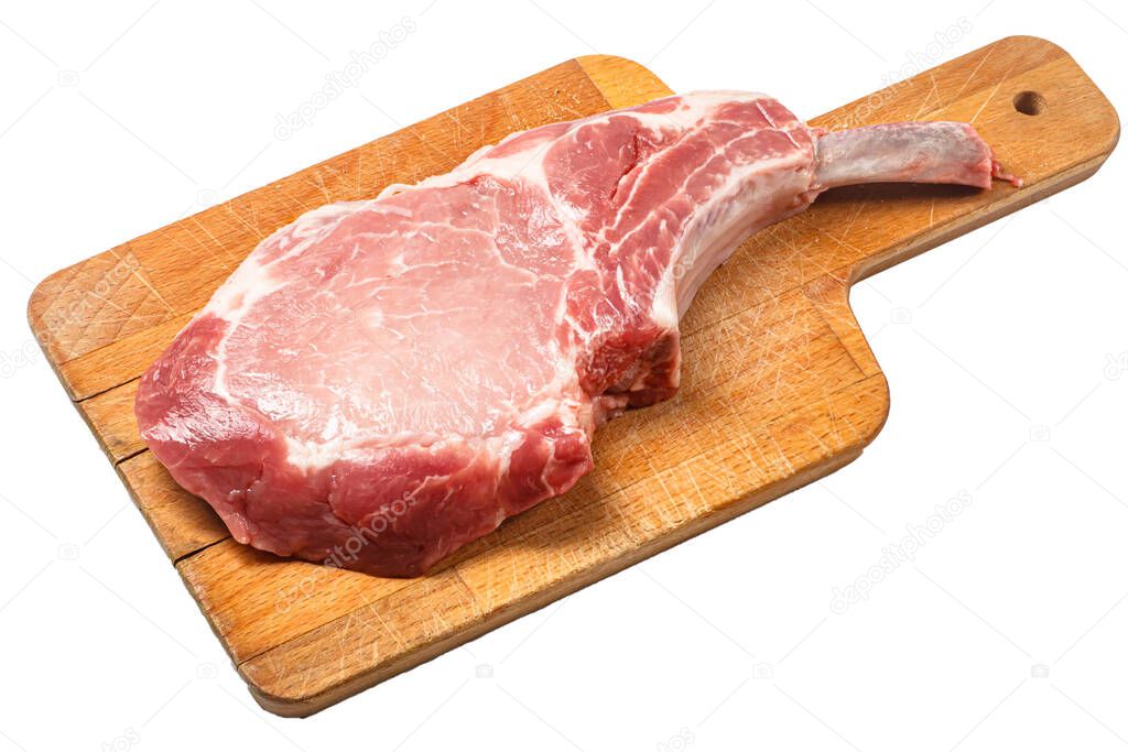Tomahawk raw steak on a white background. Isolated.