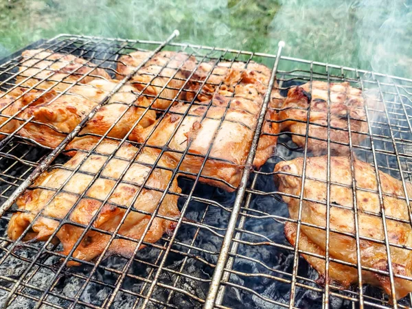 Pedaços Frango Marinado São Assados Grelha — Fotografia de Stock