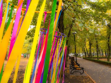 Park sokağında rüzgarda dans eden canlı dekoratif flamalar.