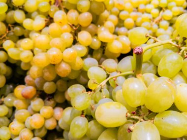 Parlak süpermarket vitrininde taze yeşil üzüm yığını