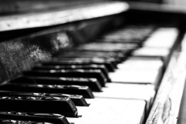 Yumuşak bulanık yağmur damlalarıyla siyah beyaz piyano tuşları