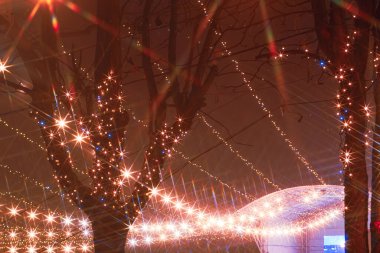 Park ağaçlarının arasında uzanan şenlikli çelenkler ve uzak olay sahneleri