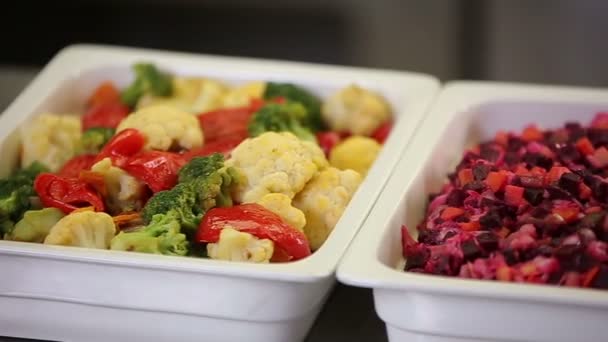 Schieberegler-Panorama der Salatbar mit frischem Gemüse — Stockvideo