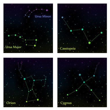 Takımyıldızları kümesi. Vektör çizim alanı ve yıldız. Orion, Sygnus, Kraliçe, küçük ayı ve büyük ayı