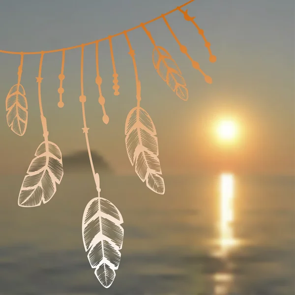 Vackra havet (hav) solnedgång bakgrund med doodle fjädrar. Vektor illustration för inbjudningar, spara datum korten och någon design, med plats för din text. Tribal element. Boho, indisk design — Stock vektor