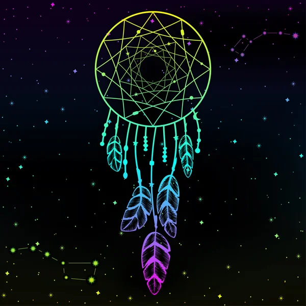 Atrapador del sueño americano indio sobre fondo estrellado del cielo nocturno. Ilustración vectorial. Diseño tribal — Vector de stock