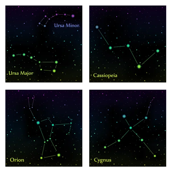 星座のセットです。ベクトル空間と星のイラスト。オリオン、シグナス、カシオペア座、こぐま座とおおぐま座 — ストックベクタ