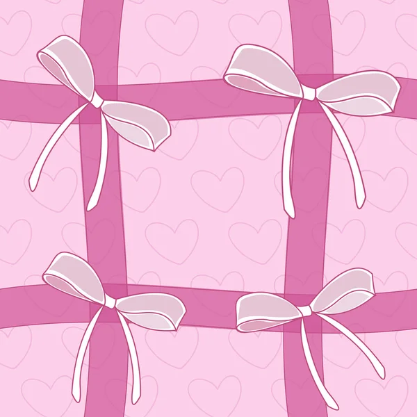 粉色蝴蝶结和丝带心背景上的无缝模式。快乐和爱的纹理 — 图库矢量图片