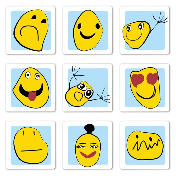 Serie di vettoriale carino stile cartone animato sorrisi gialli con emozioni diverse. disegno infantile su adesivi carta blu e bianca — Vettoriale Stock