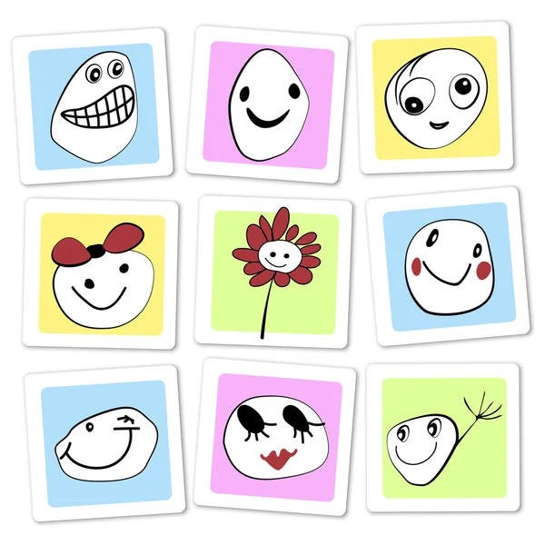 Set of vector cute cartoon style yellow smiles with different emotions. Childlike drawing on color stickers — Stock Vector