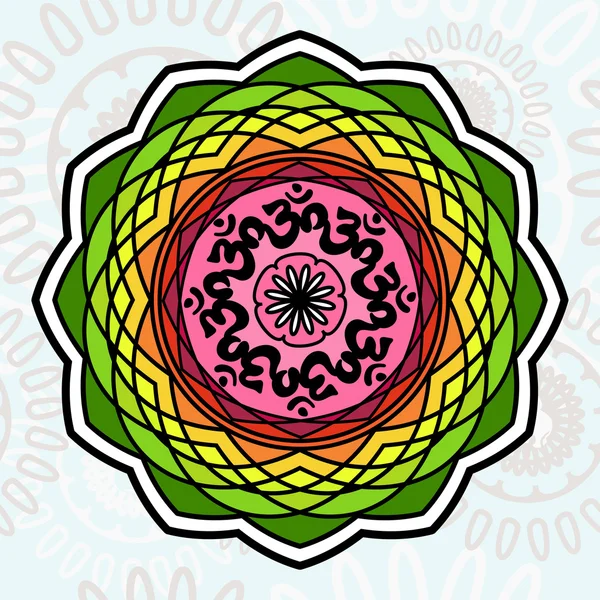 Cor brilhante isolado símbolo Mandala Om em ornamentos redondos padrões sem costura com elefantes. Indiano, Africano, Tailandês, espiritualidade, design boho. Fundo étnico. Pode usar para têxteis, cartão — Vetor de Stock