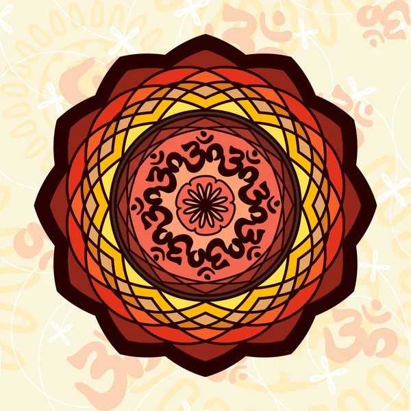 Om mandala símbolo aislado en adornos redondos patrones sin costura con om símbolos y flores. India, tailandés, espiritualidad, diseño boho. Motivos hindúes origen étnico — Vector de stock