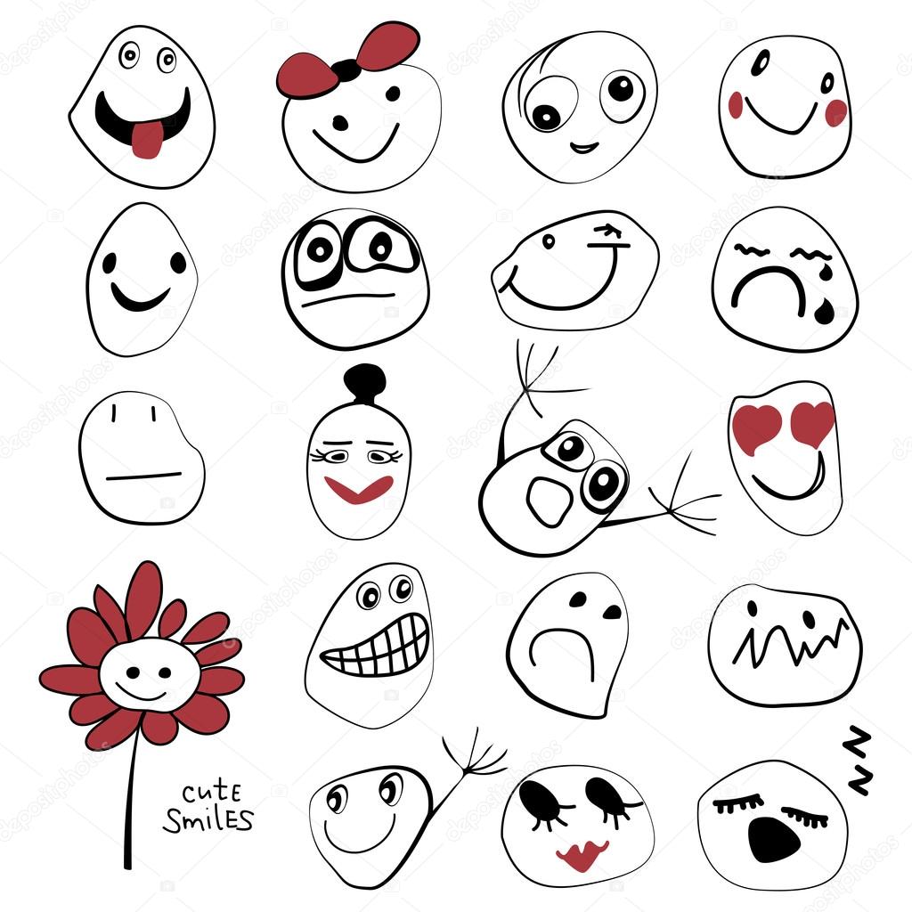 set of cute smiles with different emotions on white background. Childlike vector drawing illustrations