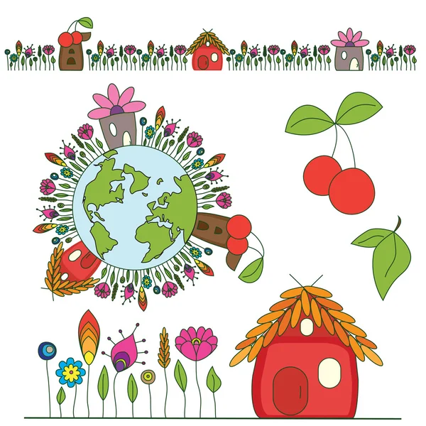 Cartoon eco planet med colorfull blommor och hus — Stock vektor