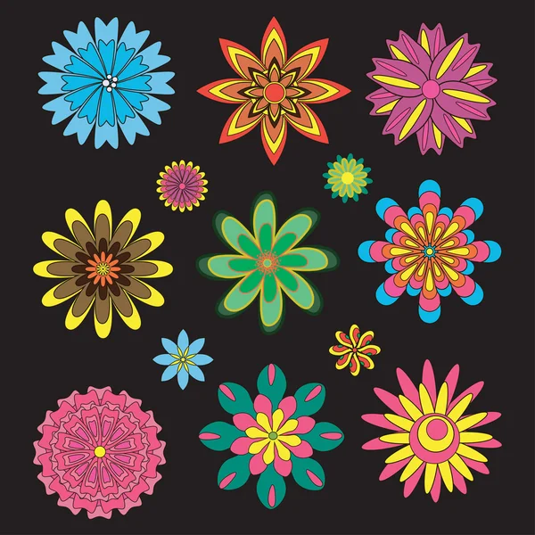 Colección de flores vectoriales sobre fondo negro — Vector de stock