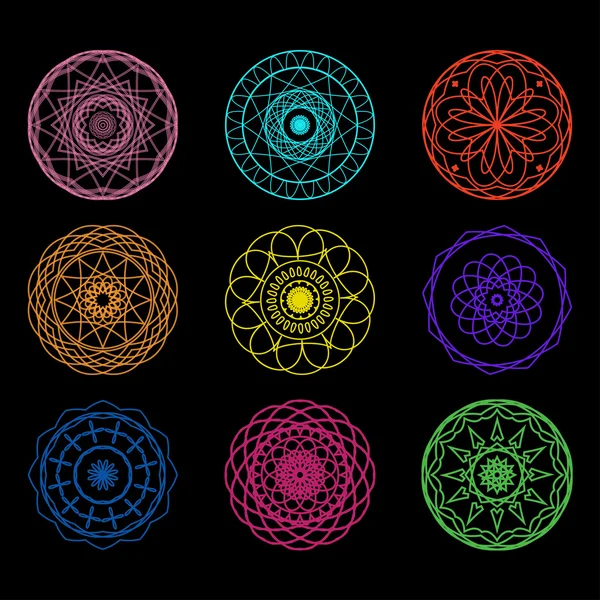 Mandalas set on black background. Round Ornament patterns — Stock Vector