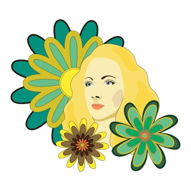 Çiçekler güzel kızla. Renk vektör çizim