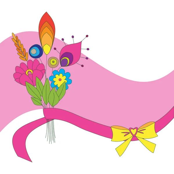 Buquê de flores coloridas com fita rosa e fundo em arco — Vetor de Stock