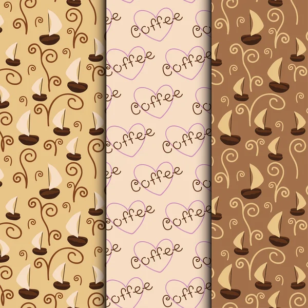 Conjunto de tres patrones sin costura de café, fondos vectoriales, texturas con granos de café, aroma y corazones — Vector de stock