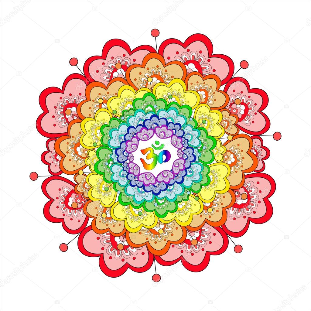 Colorful flower mandala with om symbol. Isolated circled element for design. Vector illustration.Hand drawn elements background. Chakras concept